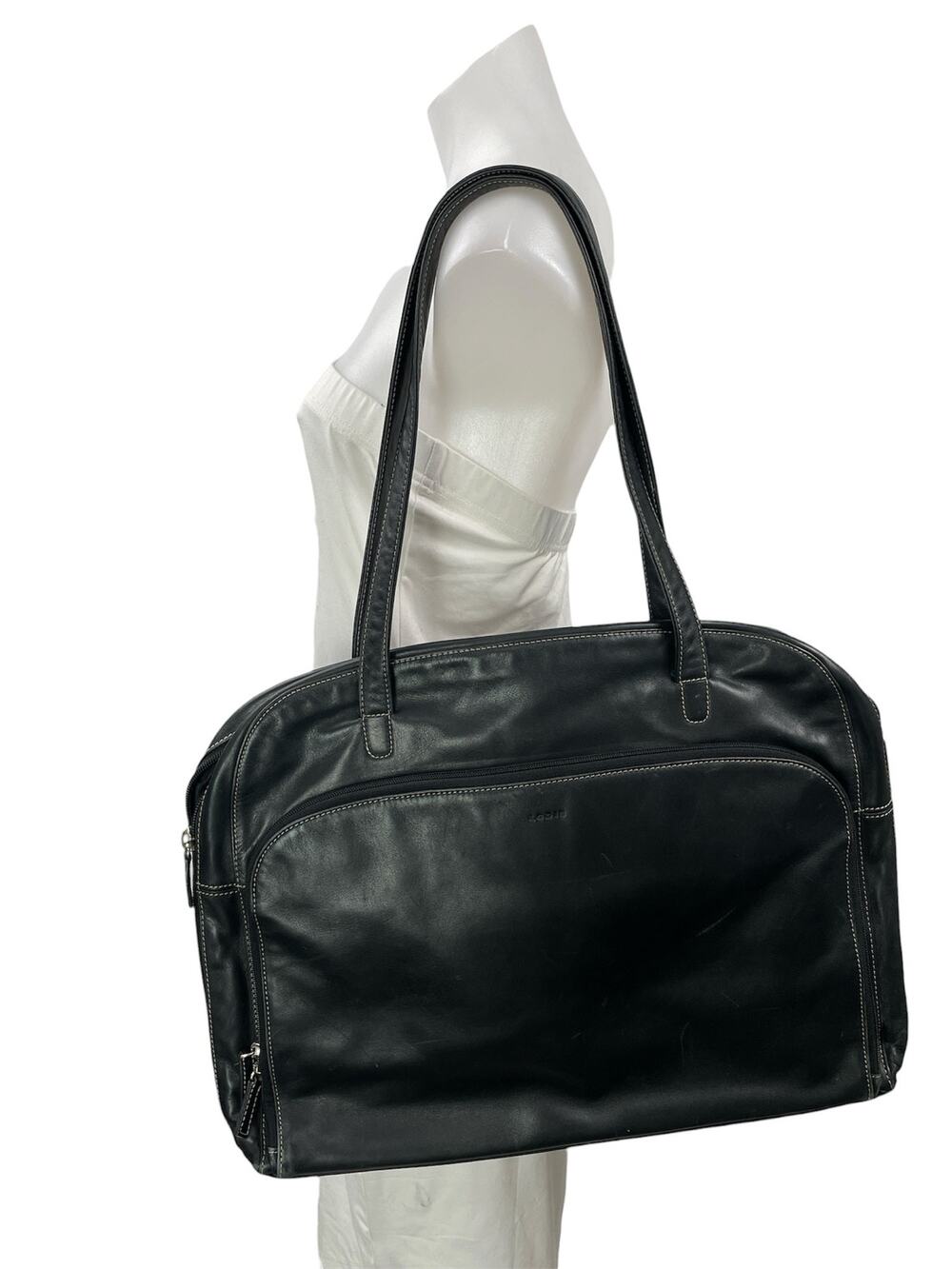 Lodis Women's Black Leather Zip Shoulder Travel Messenger Tote Handbag Size OS